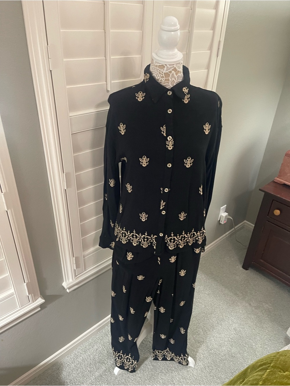 Umgee Black Two-Piece Embroidered Pant Set with Cream Accents